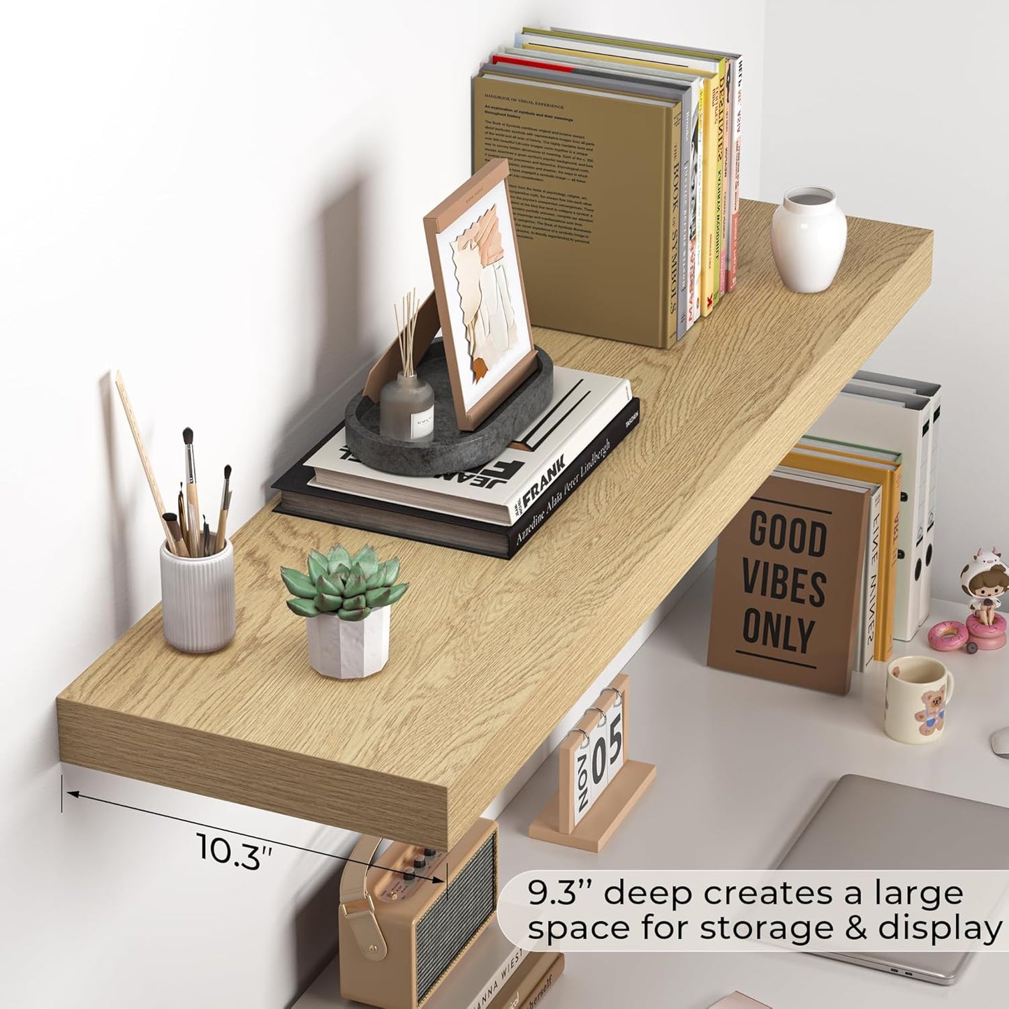 Fun Memories Floating Shelves - 10.3 Inch Deep Wall Shelf for Decor & Storage - Wall Mounted Display Shelving with Invisible Heavy-Duty Metal Bracket - 36"x 10.3"x1.8" 1Pack, Oak