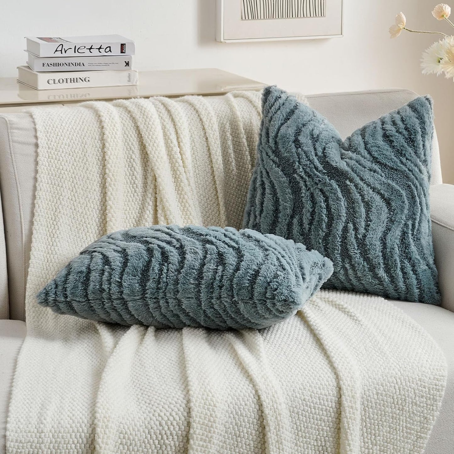 FUTEI Blue Decorative Throw Pillow Covers 22x22 Inch Set of 2,Soft Faux Fur Geometric Shapes Texture Cushion Case,Boho Home Decor for Couch Bed Living Room