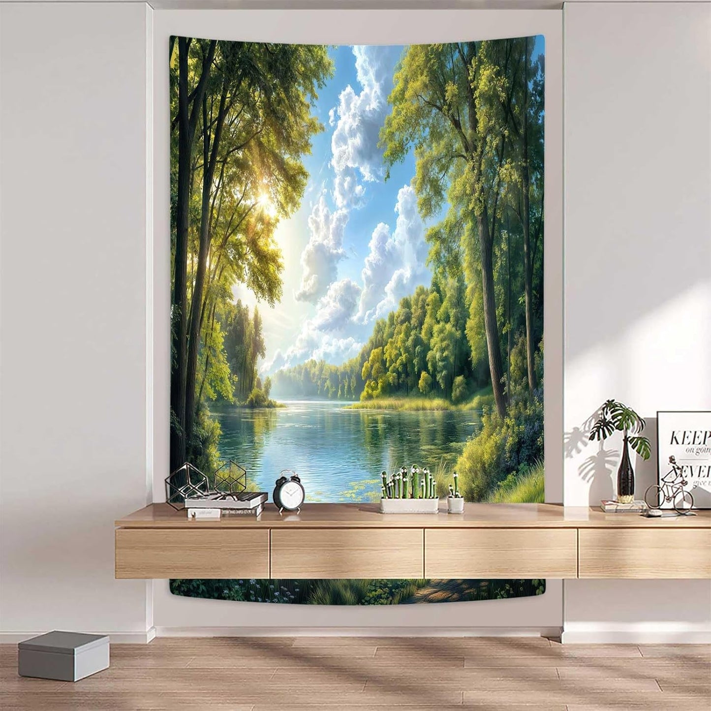 DYNH Nature Lake Forest Tapestry,Park Scenery Water Tree Sky Cloud Wall Tapestries,Countryside Field Landscape Vertical Wall Hanging for Classroom Bedroom Living Room Dorm Office Aesthetic,36X48IN