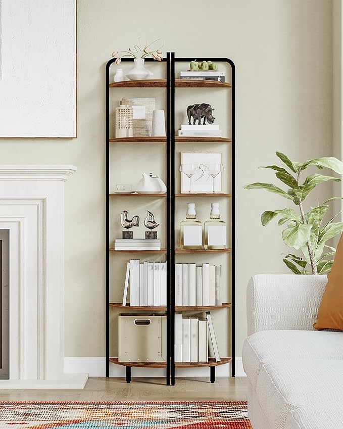 Corner Shelf Stand, Corner Bookshelf, Plant Shelf, Corner Display Rack, Standing Shelf with Metal Frame for Living Room, Bathroom, Kitchen, Industrial Style, 6 Tier Rustic Brown CS06601B