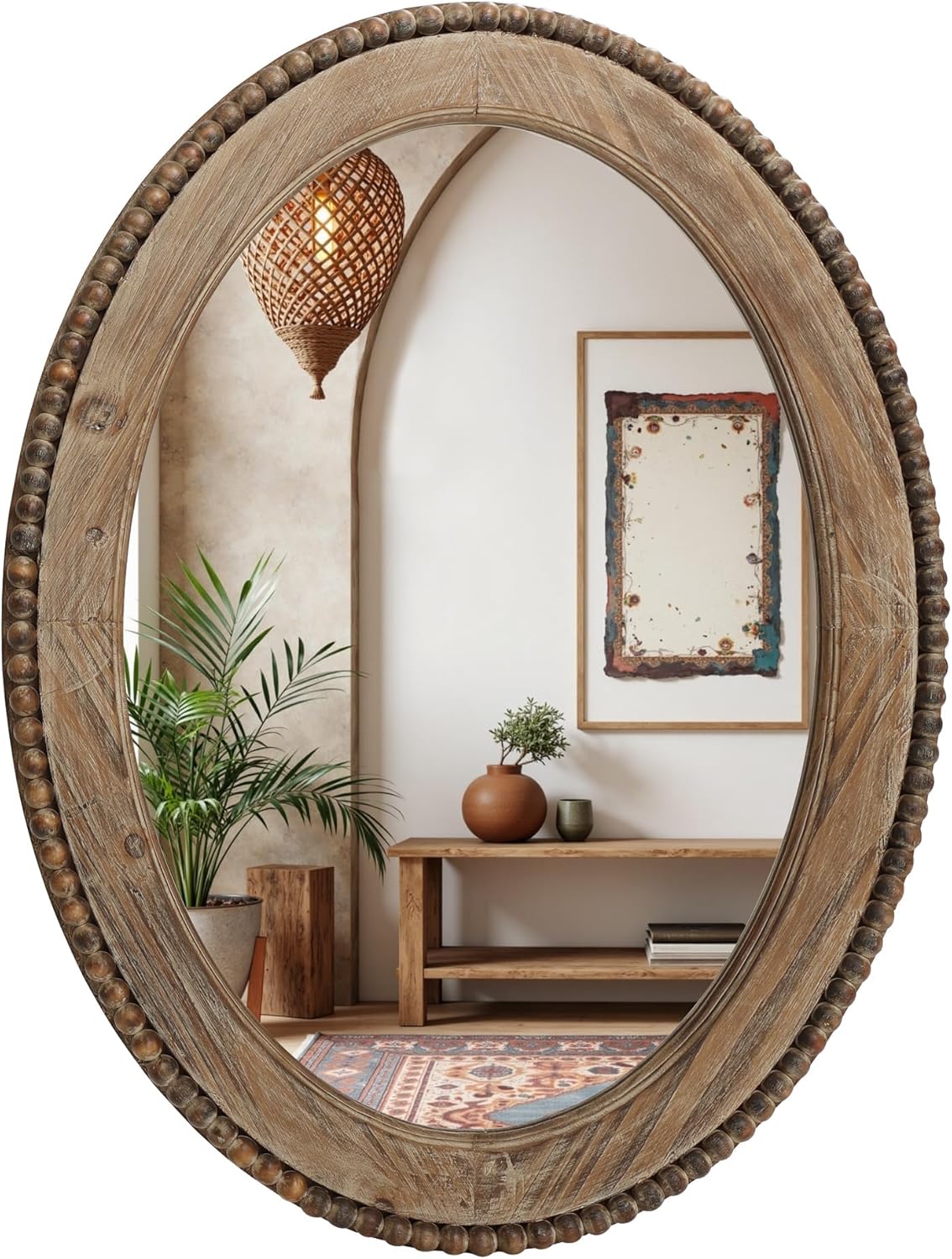 LuxenHome Traditional Oval Wall Mirror, 32-Inch Wood Framed Accent Wall Mirrors, Farmhouse Decorative Wooden Mirror Accent Entryway Wall Mirror, Wall Mounted Mirror Living Room Wall Decor