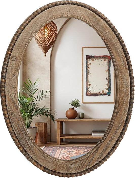 LuxenHome Traditional Oval Wall Mirror, 32-Inch Wood Framed Accent Wall Mirrors, Farmhouse Decorative Wooden Mirror Accent Entryway Wall Mirror, Wall Mounted Mirror Living Room Wall Decor