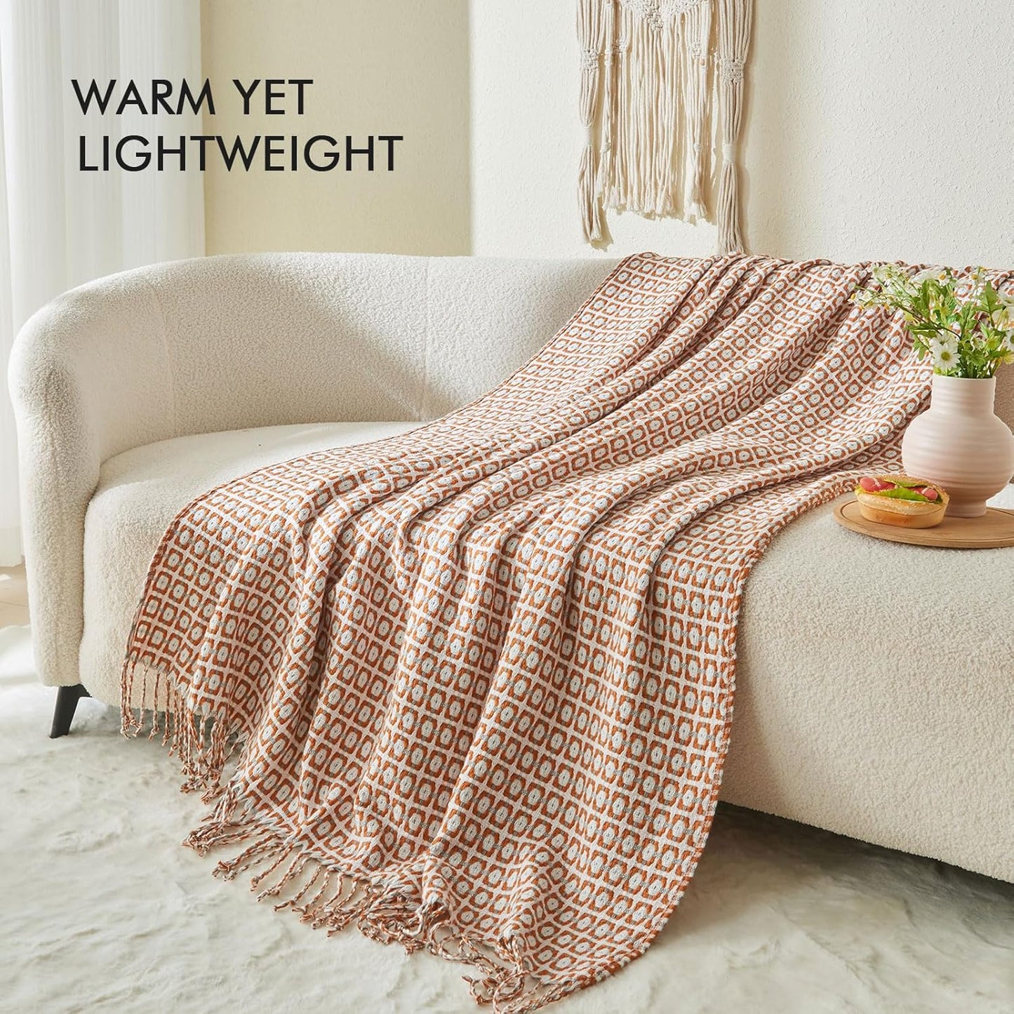 lifein Throw Blanket for Couch - Boho Throw Blanket, Knit Woven Blanket, Soft Decorative Blankets&Throws with Tassels for Bed,Sofa,Chair,Home Decor(50x60in,Rust)