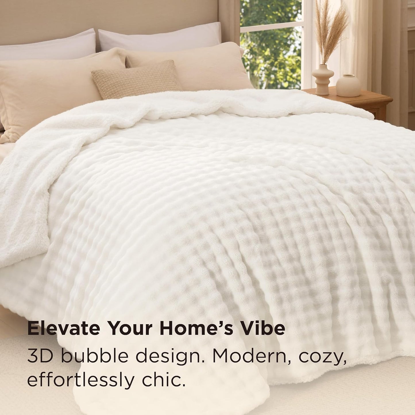 Bedsure Bubble Sherpa Blanket Queen Size for Bed - Fuzzy Fleece Thick Warm Christmas Blanket for Winter, GentleSoft Cozy Plush Throw Gift for Women, Room Decor, Ivory, 90x90 Inches