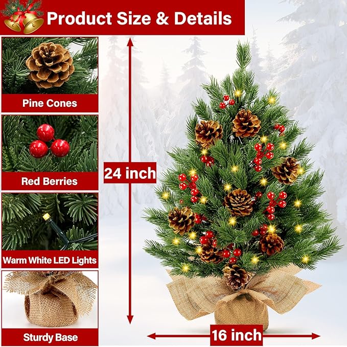 [ 8 Modes & Timer] 24 Inch Realistic Tabletop Christmas Tree Small Christmas Tree with 50 Warm Lights Battery Operated Red Berries Pine Cone Burlap Base Indoor Home Table Christmas Decorations