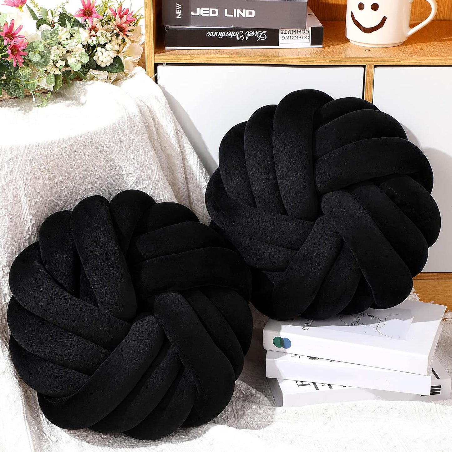 Fumete 2 Pcs 14 Inches Knot Pillow Round Throw Soft Plush Knot Ball Pillow Handmade Knotted Modern Home Decorative Cushion for Bed Bedroom, Sofa, Couch (Black)