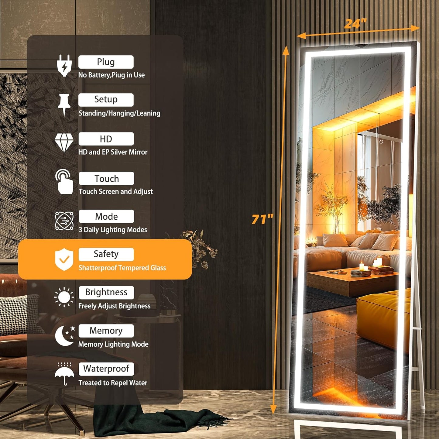 Hasipu Full Length Mirror with Lights, 71" x 24" LED Lighted Floor Standing, Full Body Dressing Hanging Mounted Mirror, Dimmable, Tempered Glass, Safe to Use, Square White