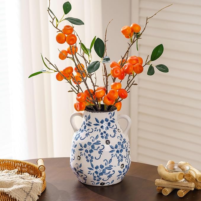 Blue and White Vintage Round Flower Vase with 2 Handles, Chinoiserie Floral Vase, Retro Ice Cracked Ceramic Large Vases for Home Decor, Living Room, Grand Millennial Chinoiserie Decor, 7.7 Inch