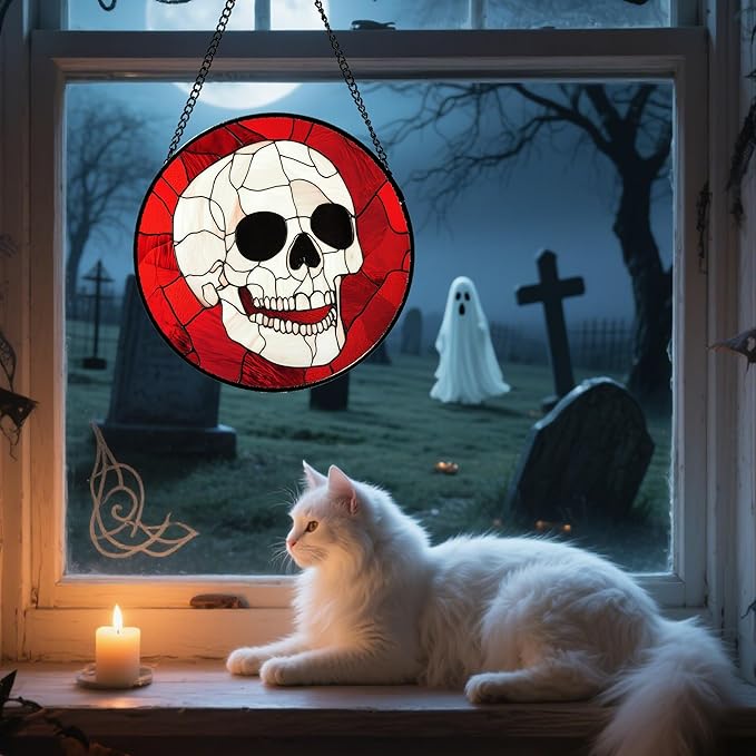 Stained Glass Window Hanging - Halloween Decoration White Skeleton Skull Suncatcher for Door Garden Spooky Red Sun Catchers Gothic Decor Horror Gifts for Women Men Friend Boy Girl 9.8 in