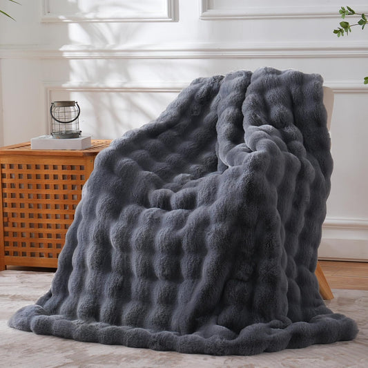 BENVWE Faux Fur Throw Blanket for Couch - Thickened Fluffy Soft Bubble Blanket for Living Room Home Decor - Fathers Day Birthday Gifts for Women Men, Grey, 50" x 60", 1300GSM