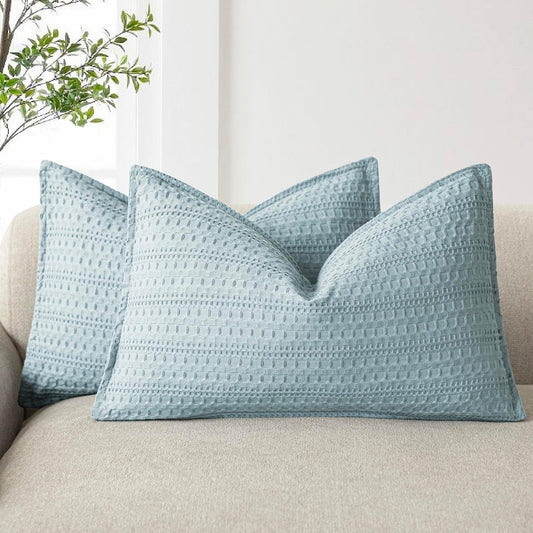 Foindtower Set of 2 Decorative Cotton Waffle Weave Lumbar Throw Pillow Cover Euro Sham Cushion Covers Accent European Pillowcase For Bed Couch Sofa Bedroom Living Room Home Decor 12×20 Inch Light Blue