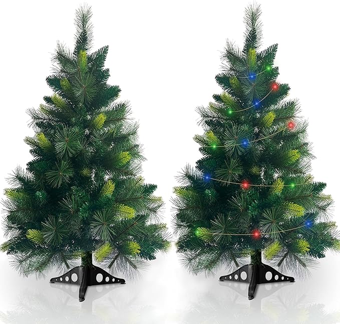 2 Pack 3.5 FT Artificial PE Fraser Fir Christmas Entrance Tree with 50 Multi Color Change Light 8 Mode Remote Control Realistic-Feel Xmas Tree Decor Battery Operated for Porch Front Door Home