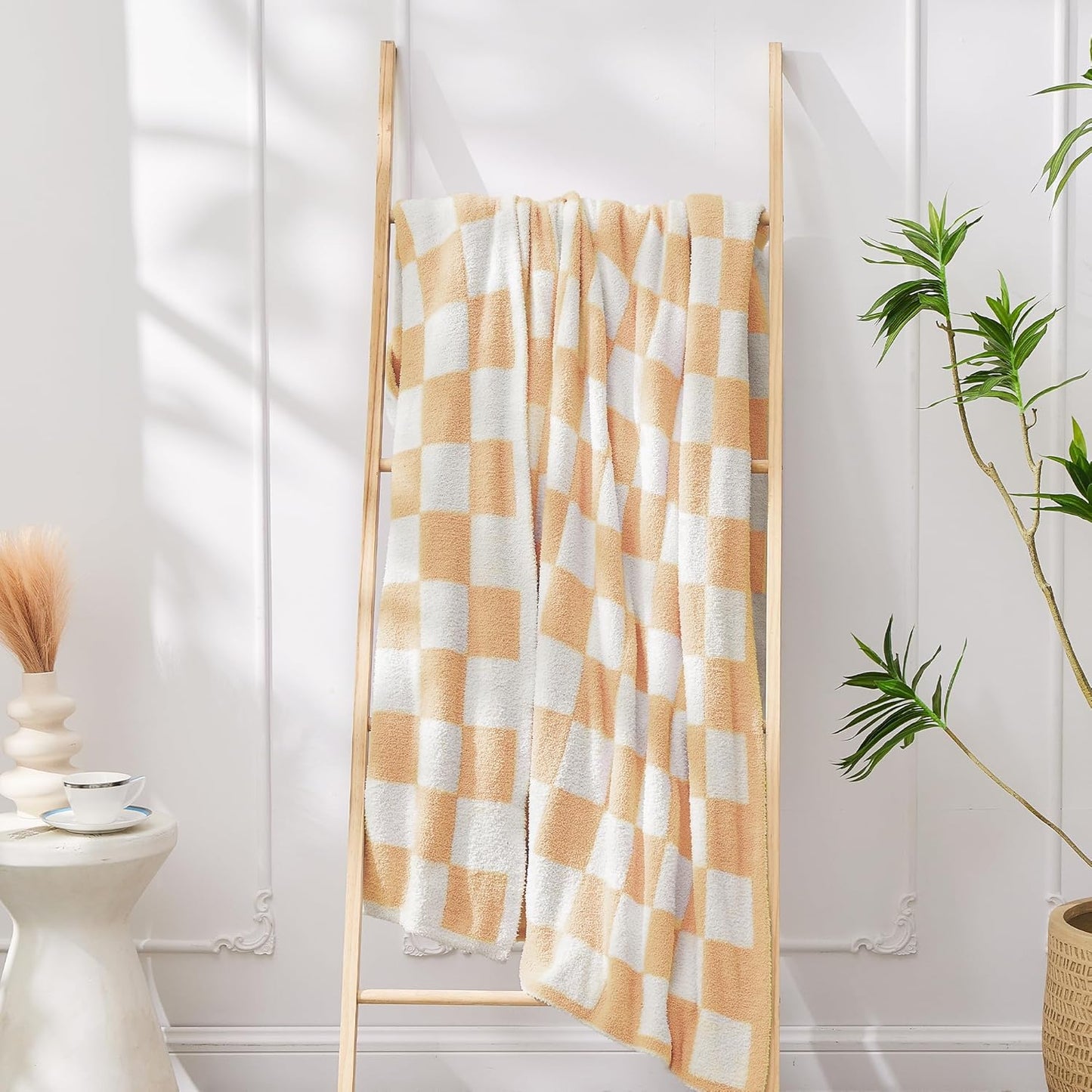 JOOJA Soft Cozy Checkerboard Peach Blanket Fluffy Knit Throw for Couch Plaid Checkered 60x80 in