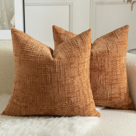 MANDIOO Pack of 2 Soft Chenille Textured Throw Pillow Covers Square Accent Solid Decorative Cushion Cover Cozy Farmhouse Pillow Case for Couch Sofa Bed Living Room 18x18 Inch Burnt Orange