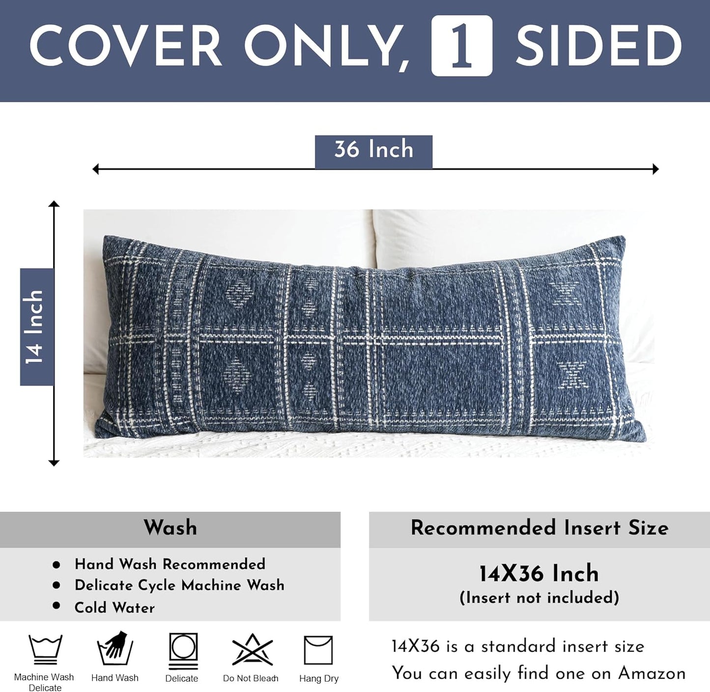 BlissBlush Dark Blue Boho Lumbar Throw Pillow Cover 14X36, Decorative Long Accent Body Pillow for Bed, Farmhouse Woven Textured Pillowcase for Couch (Cover ONLY)
