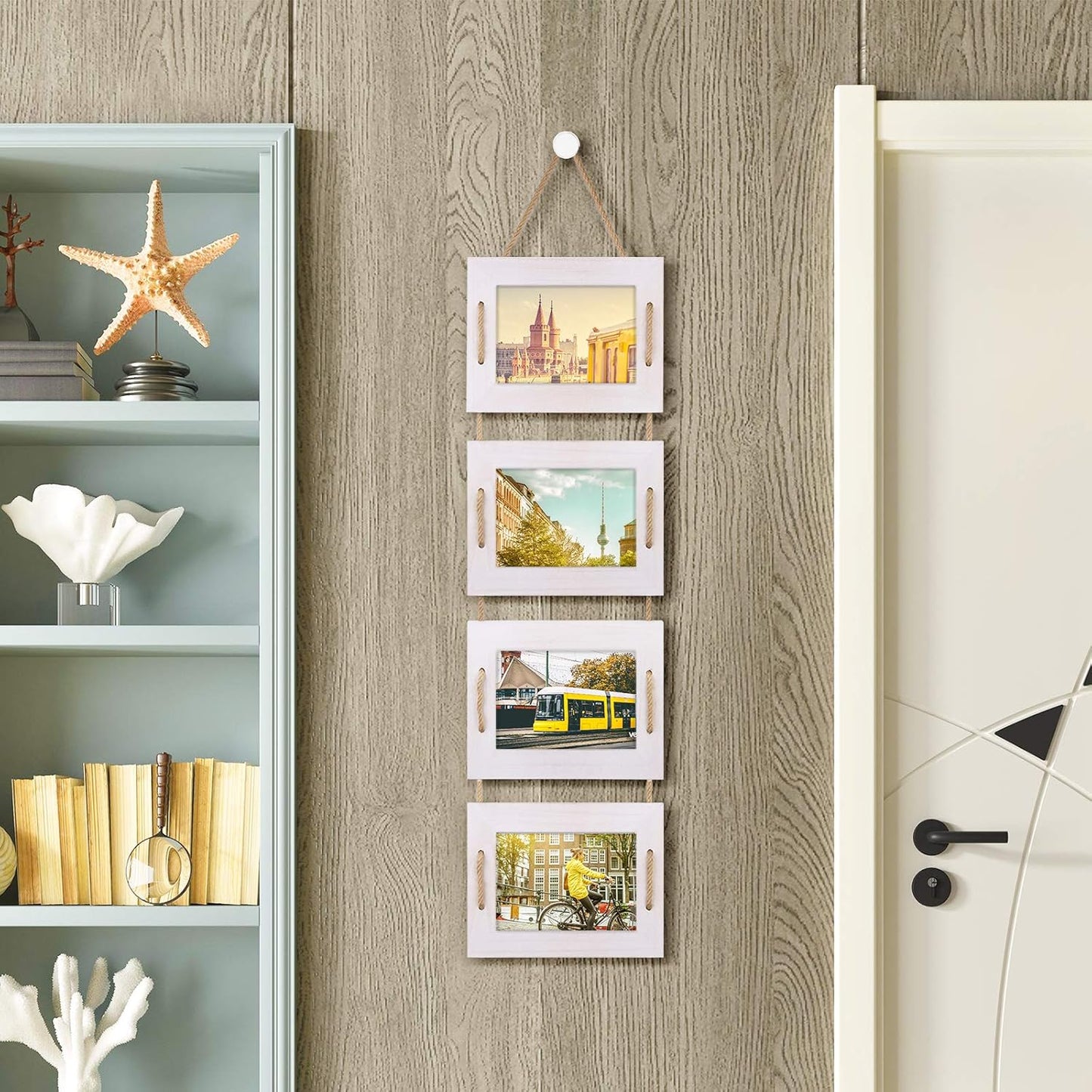 DLQuarts 5x7 Hanging Collage Picture Frames Wall Decor, 4-Opening 5x7 Matted to 3.5x5 Photo Rustic Wood Frame with Hemp Rope, 2 Pack, Vintage White