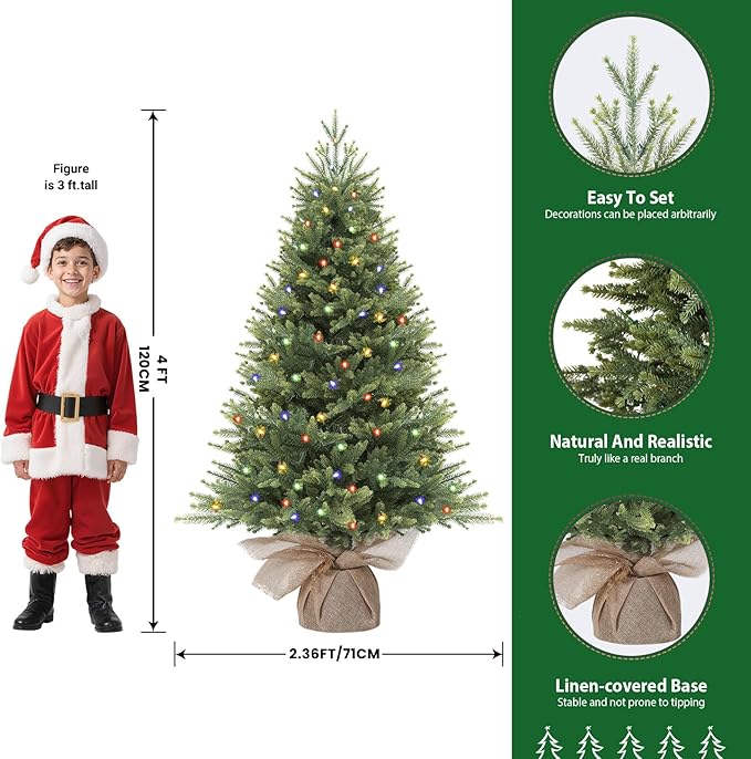 4ft Prelit Artificial Small Mini Christmas Tree with Color LED Lights, Remote Control and Timer, Perfect for Xmas Decor, Wedding Dining Table top, Home, Kitchen,4 Foot