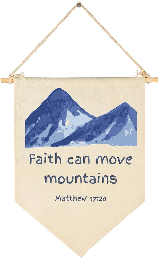Faith can move Mountains-Kids Memory Bible Verse Banner Decor-Scripture Flag Sign Gifts for Boys Girls Baby Newborn-Banner Wall Art Gifts for Nursery Baby Room Playroom Bedroom Front Door