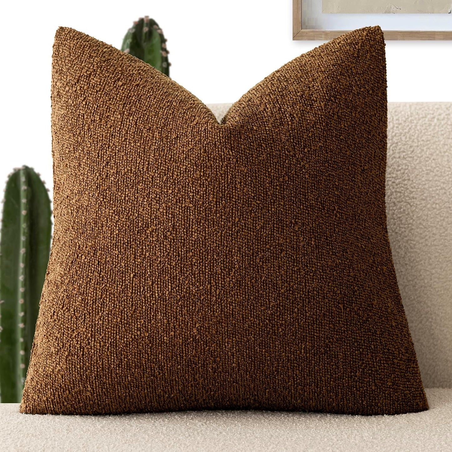 Foindtower Decorative Textured Boucle Throw Pillow Covers Accent Solid Pillow Cases Neutral Soft Cozy Couch Cushion Case for Chair Sofa Bedroom Living Room Home Decor 16x16 Inch,1PC,Hazel Brown