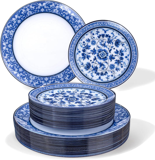 Hioasis 60pcs Blue Plastic Plates Set - Floral Blue & White Porcelain Design, 10.25" Dinner & 7.5" Dessert Plates Disposable for Wedding/Party (Dishwasher Safe, Art Style)