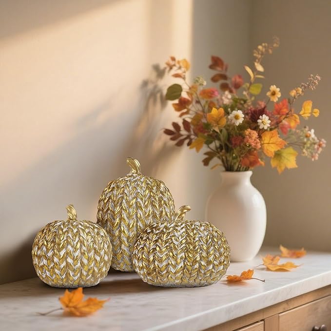winemana Fall Decorations for Home Set of 3, Gold & White Resin Pumpkin Decor with Woven Design - Thanksgiving Table Centerpiece, Mantel, Indoor & Outdoor Farmhouse Autumn Décor