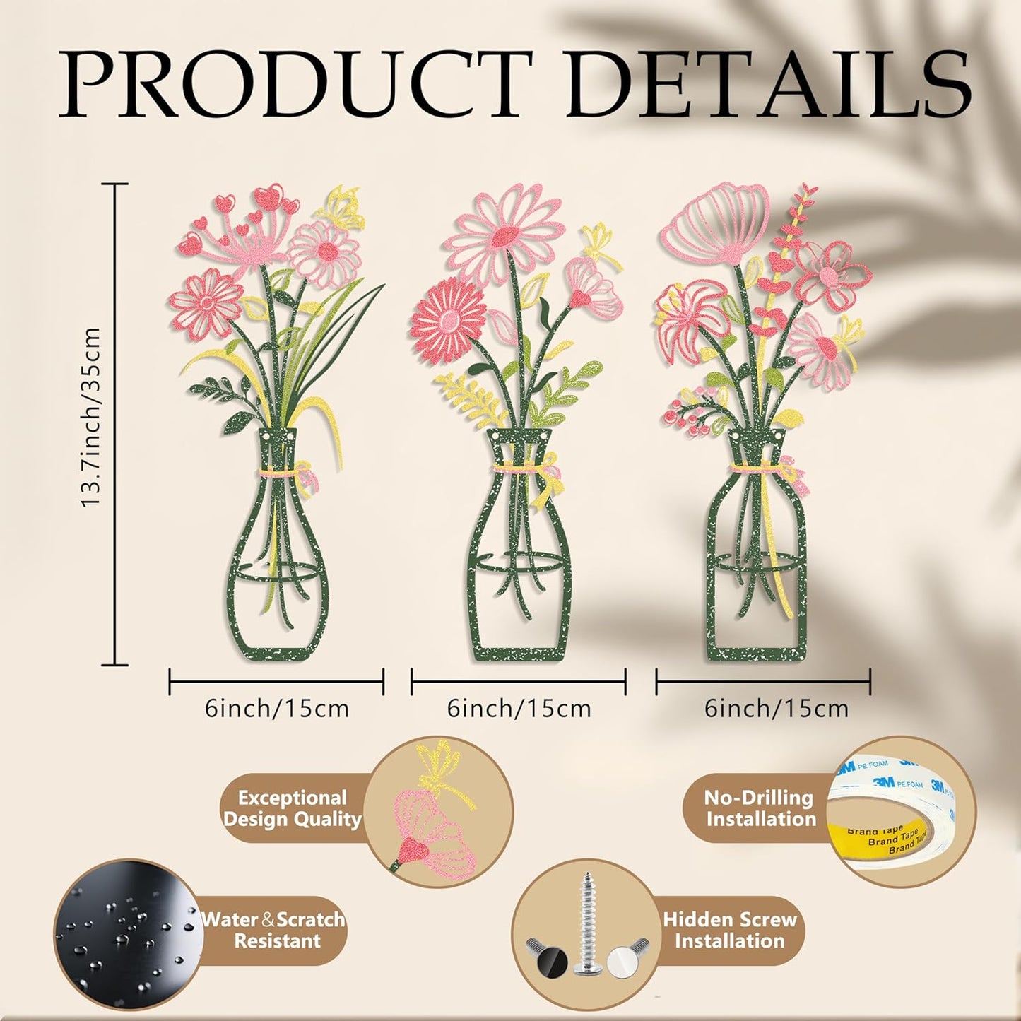 Iron Metal Vase Flower Wall Art Set of 3 - Minimalist Black Floral Decor for Living Room Bedroom Kitchen, Office Garden - Modern Farmhouse Home Decor & Housewarming Gifts (Green-Pink)