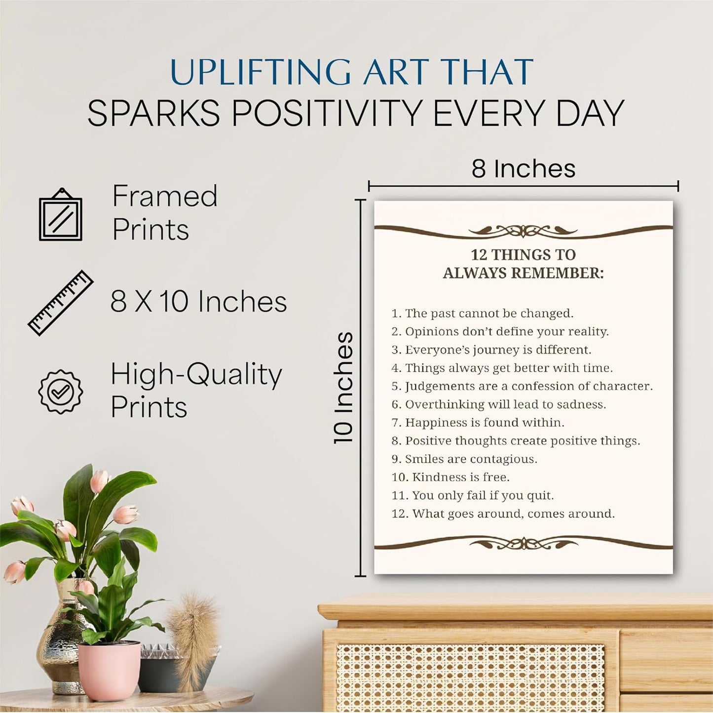 Inspirational Wall Art – 12 Things To Always Remember Quote Print – 8x10 Motivational Poster with – Positive Affirmation Home Office Decor & Thoughtful Gift Idea. (8x10 Brown Frame)