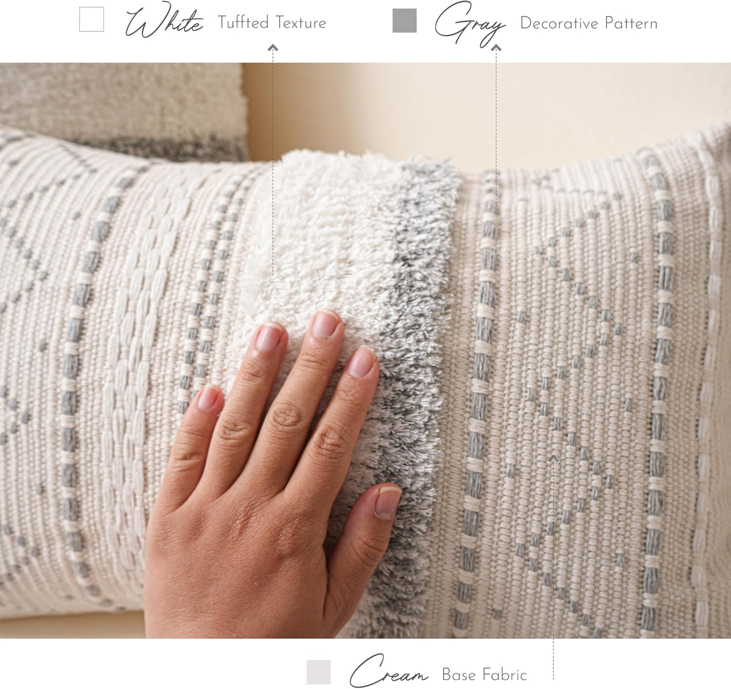 BlissBlush Decorative Lumbar Throw Pillow Cover 12x20 Gray Rectangular Boho Accent Pillowcase Neutral White Farmhouse Cushion for Couch Sofa Bedroom Living Home Décor (Cover ONLY, Pack of 1)