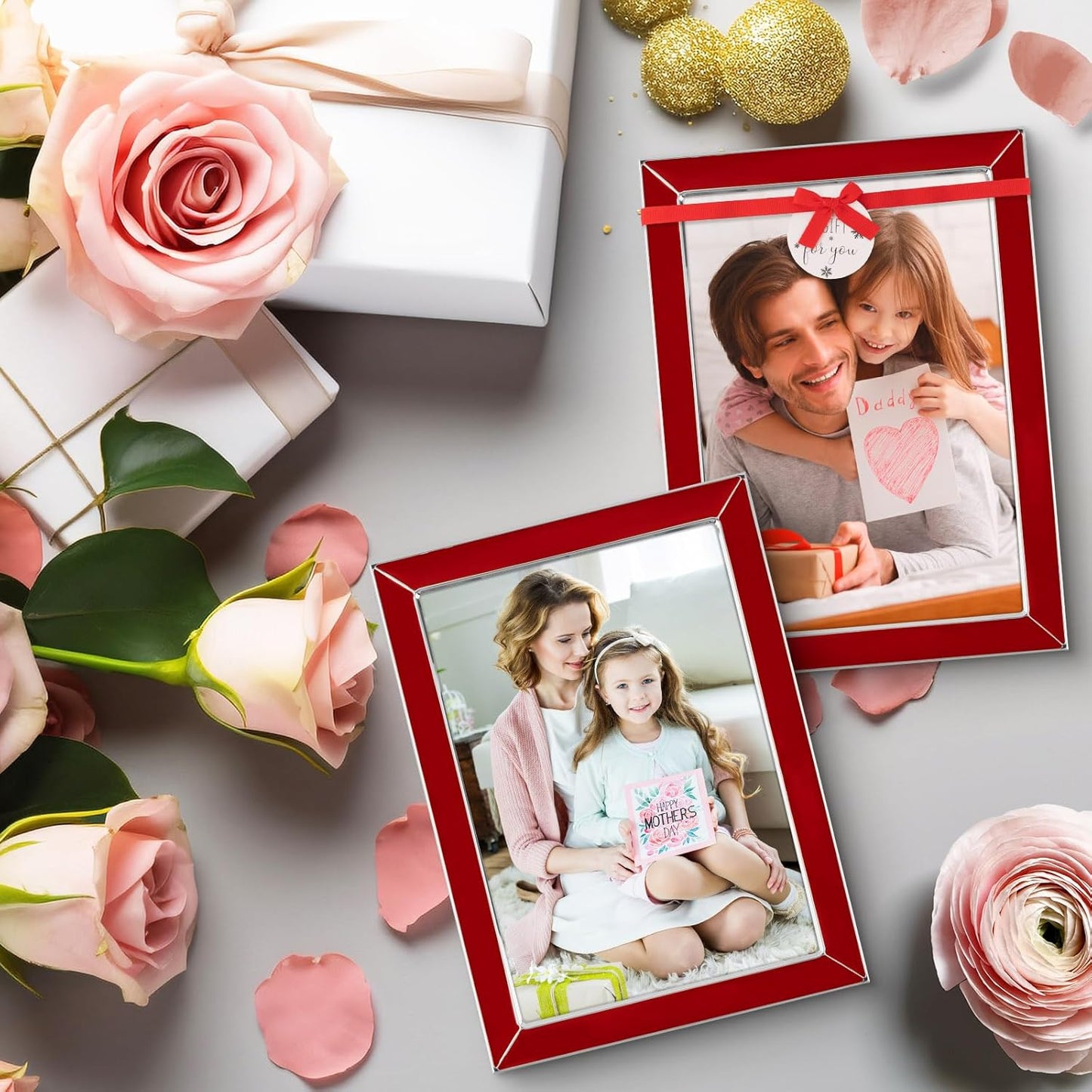 Frametory Enamel Picture Frame - 5x7 Silver Metal Edge Red Enamel Picture Frame With Easel and Velvet Back for Tabletop Display, Bookshelf, 5x7 Wall Decoration, Photo Frames, Picture Display-2 Set