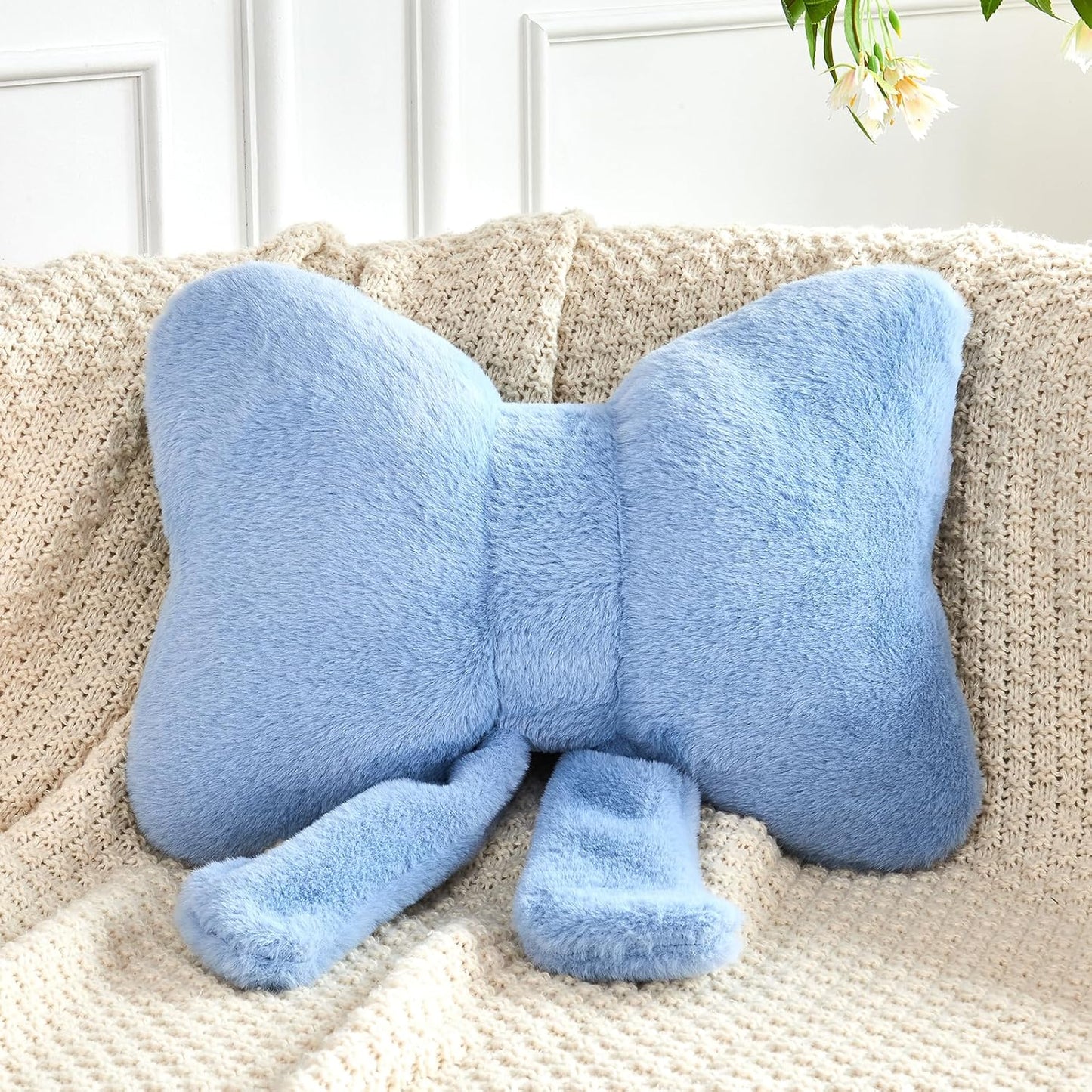 Dusty Blue Bow Pillow, Soft Bow Decorative Pillows with Faux Rabbit Fur, Cute 16" Bow Throw Pillows, Aesthetic Home Decor Bow Shaped Plush Pillow for Bedroom Sofa Couch