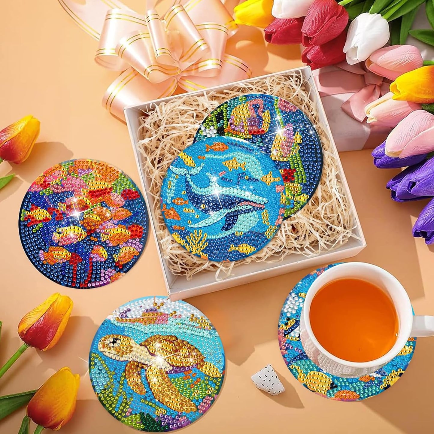 DOTSOPS 8 Pcs Ocean Diamond Art Kits for Adults 5d Diamond Painting Coasters with Holder for Adults Beginners Craft for Women Ocean