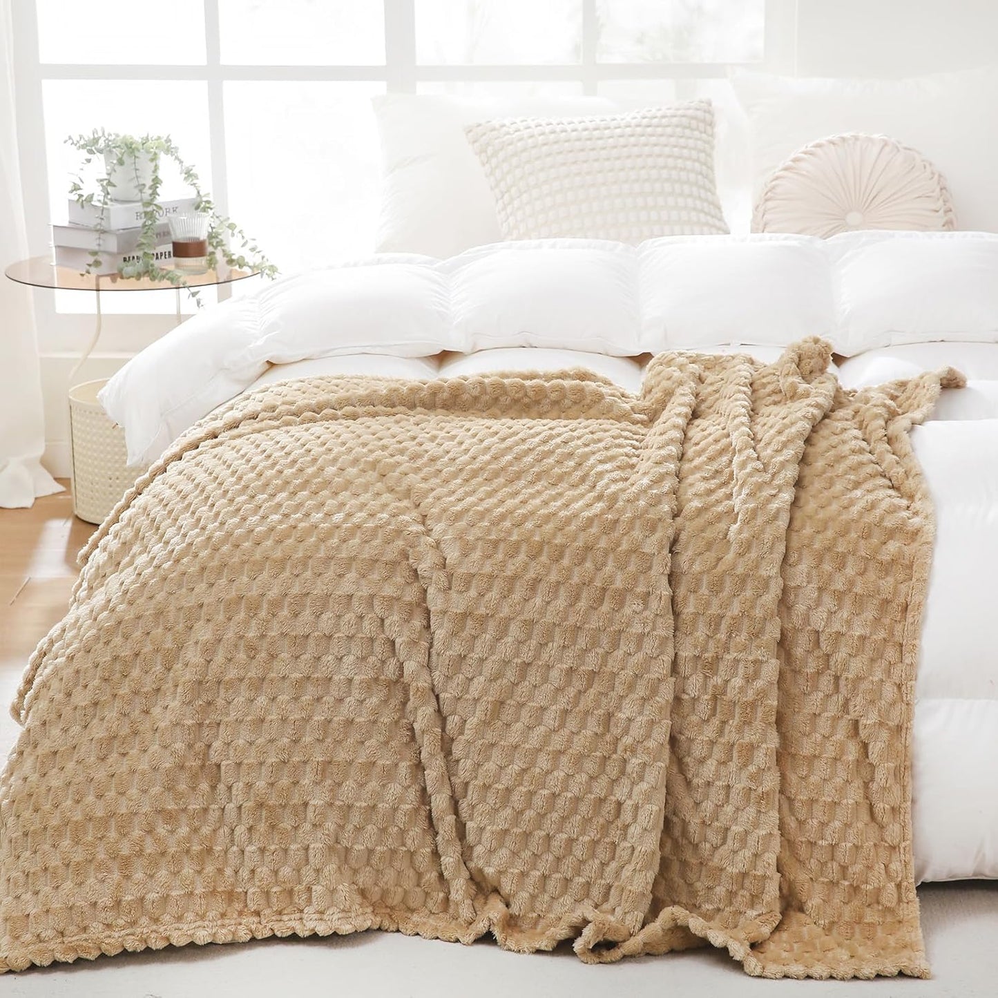 Beige Throw Blanket 50"×60" inches Fuzzy 3D Jacquard Decorative Flannel Fleece Super Soft Plush Cozy Blanket for Couch Sofa Chair Lightweight,Khaki