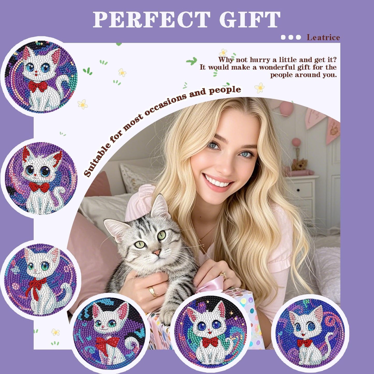 Leatrice 6PCS Cat Diamond Art Coasters Small Diamond Painting Kits for Adults Diamond Dots Round Full Drill Diamond Coasters with Holder Easy Art Crafts for Beginners Women