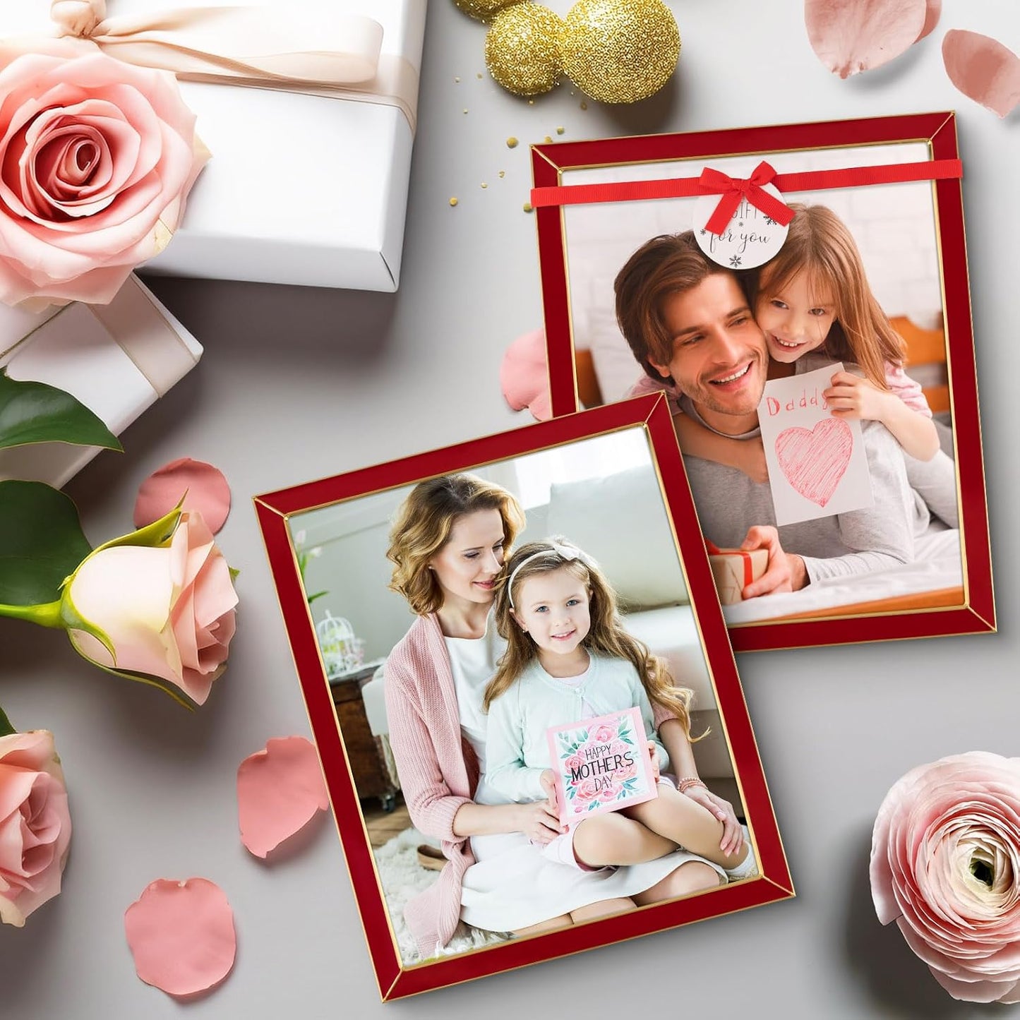 Frametory Enamel Picture Frame - 8x10 Gold Metal Edge Red Enamel Picture Frame With Easel and Velvet Back for Tabletop Display, Bookshelf, 8x10 Wall Decoration, Photo Frames-2 Set