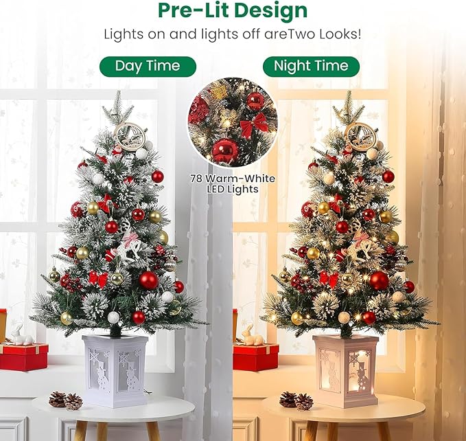3 Ft Pre-Lit Christmas Tree, Artificial Christmas Trees with Lighting, Xmas Trees with 78 Led Lights, Christmas Decoration for Home, Office, Easy Assembly