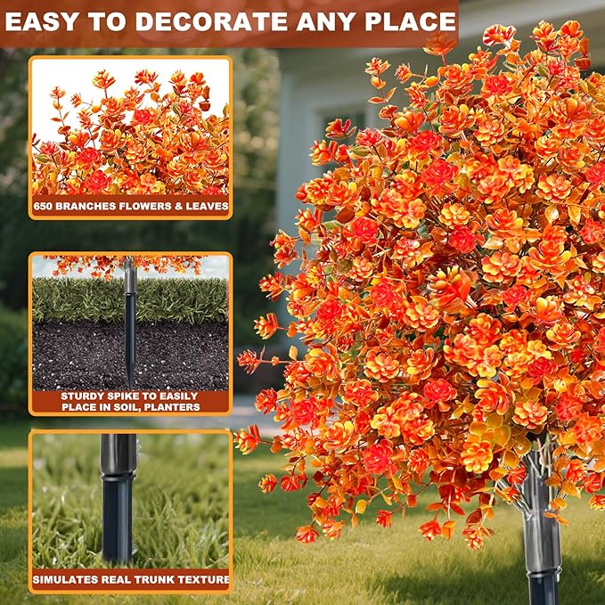 2 Pack Artificial Boxwood Topiary Ball Trees with Fall Flowers & Ground Spikes for Outdoor, UV Resistant Artificial Shrubs Faux Plants Fake Bushes Look Real for Garden Porch Yard Patio