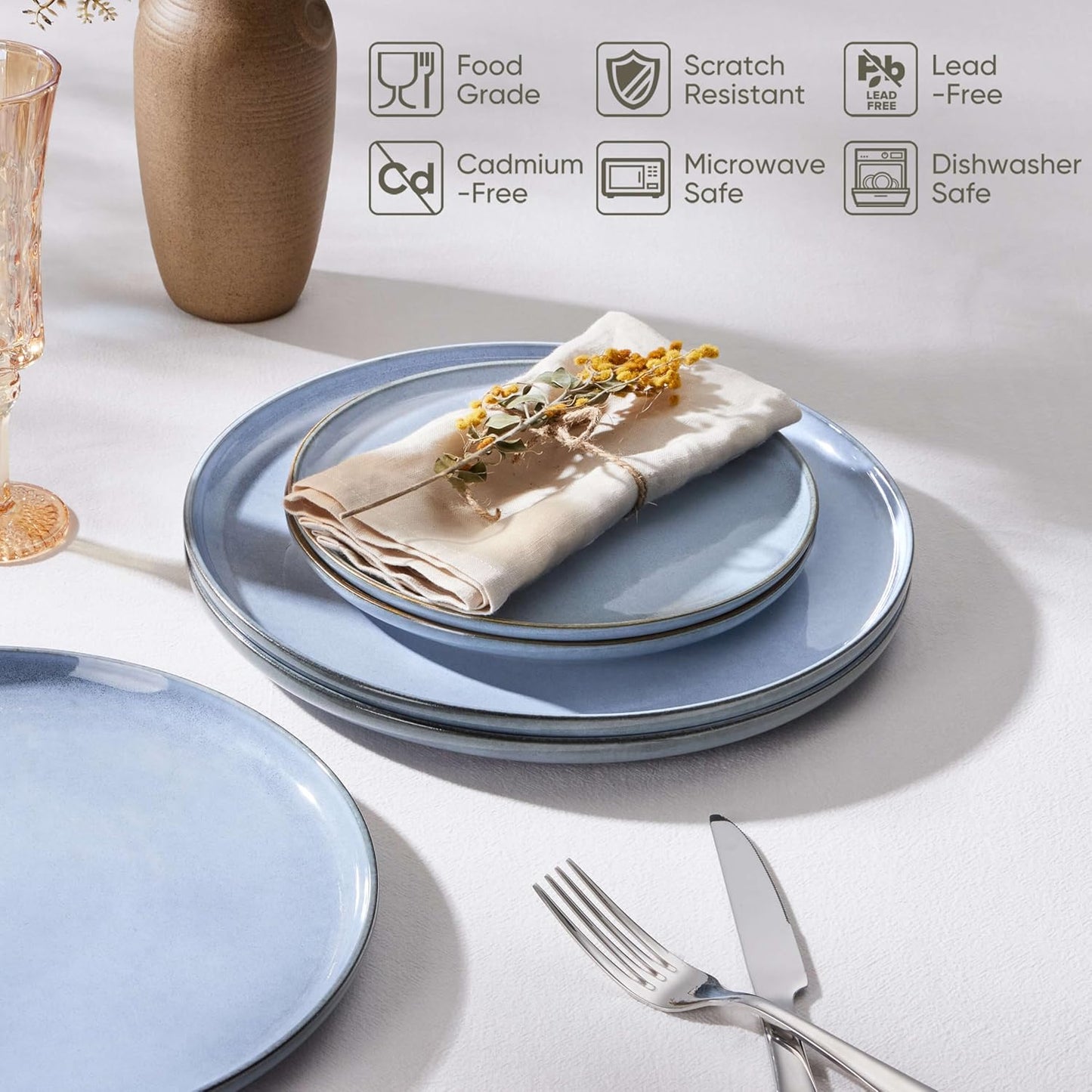 Herogo 4-Piece Stoneware Dinner Plates Set, 10.43" Ceramic Round Plate Set, Handmade Double Reactive Glaze Dinnerware Plates for Kitchen, Microwave, Oven and Dishwasher Safe, Haze Blue