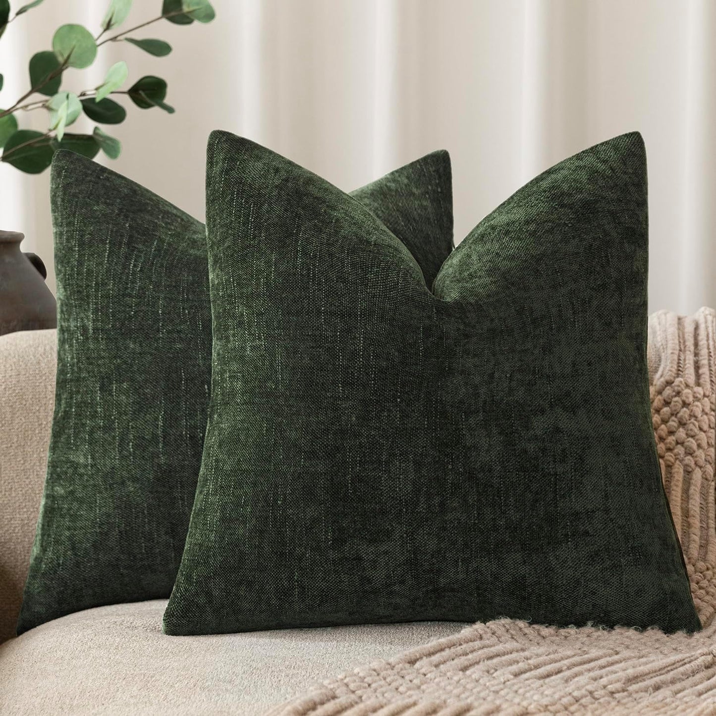 Foindtower Pack of 2 Soft Textured Chenille Throw Decorative Pillow Covers Square Accent Solid Cushion Cover Neutral Farmhouse Pillow Case for Couch Sofa Bedroom Living Room 22x22 Inch,Dark Green