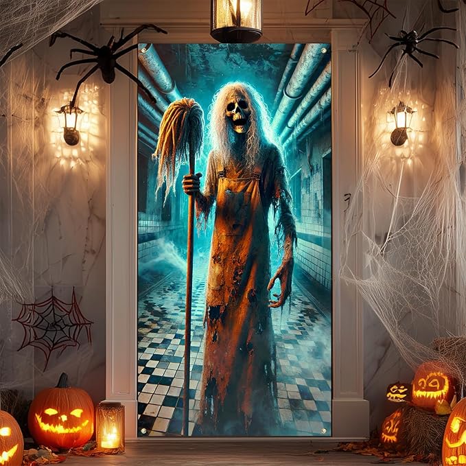 IVN Horror Door Banner 35x71 Inch Skeleton With Long White Hair Holding Mop Abandoned Corridor Background Blue Light Smoke Haunted Halloween Porch Decoration Scary Spooky Horror Theme