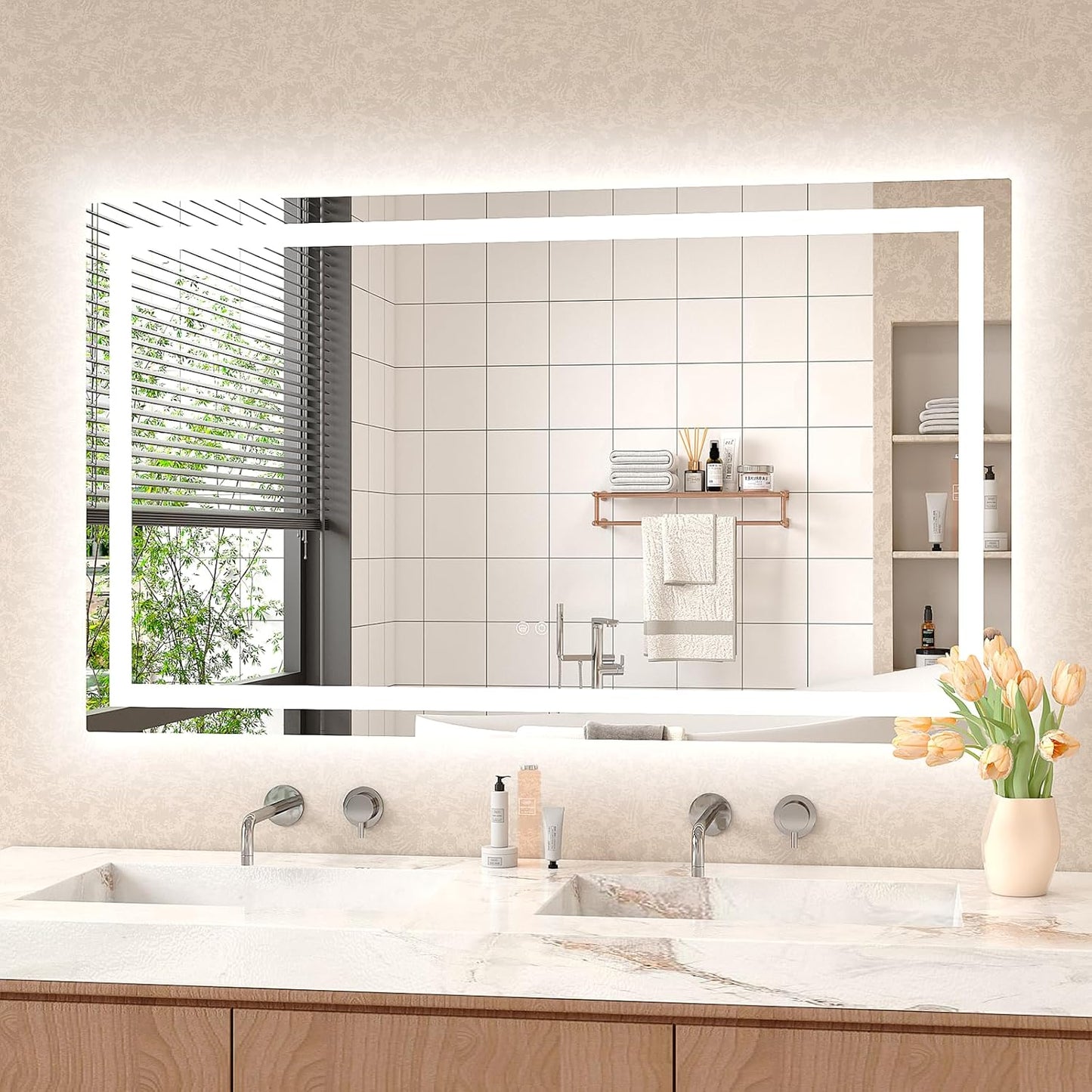 LED Mirror for Bathroom 48x28 Lighted Bathroom Vanity Mirrors with Lights, Brighter Frontlit and Backlit Anti-Fog Mirror, Tempered Glass, Dimmable 3 Colors Light Modes, Memory Function