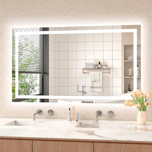 LED Mirror for Bathroom 48x28 Lighted Bathroom Vanity Mirrors with Lights, Brighter Frontlit and Backlit Anti-Fog Mirror, Tempered Glass, Dimmable 3 Colors Light Modes, Memory Function
