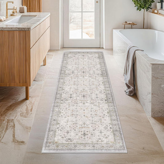 Light Grey 2x5 Boho Bathroom Runner Rug - Modern Eclectic Floral Pastel Neutral Taupe, Washable Low Pile Non-Slip Runner Rugs for Laundry Room, Kitchen, Door Mat Indoor Entrance, Bedroom Beside Bed
