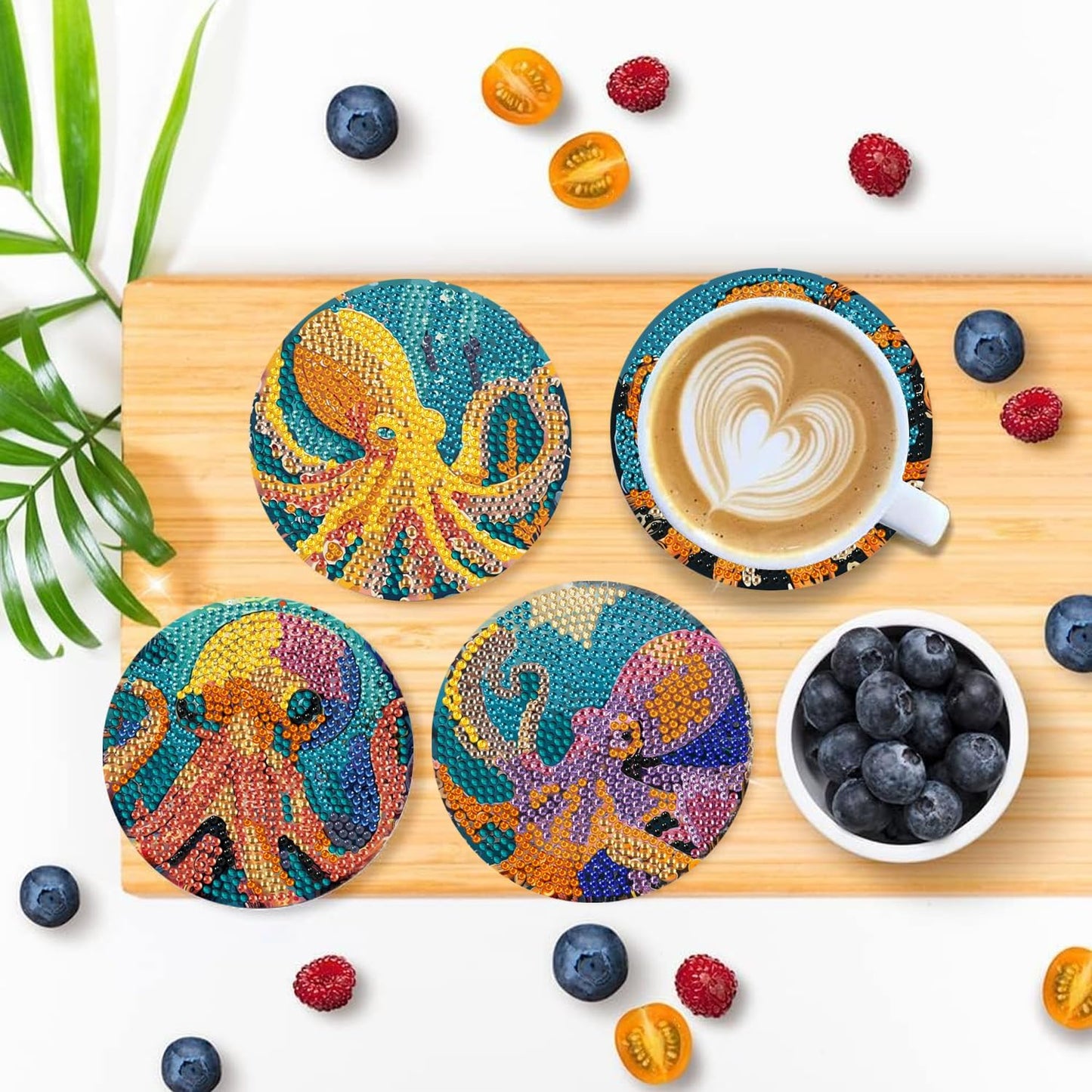 Leatrice Diamond Art Coasters Set of 6, Small Diamond Painting Kits for Adults Beginners, Cork Coaster for Drinks Gem Art Coasters with Holder Home Decor for Octopus