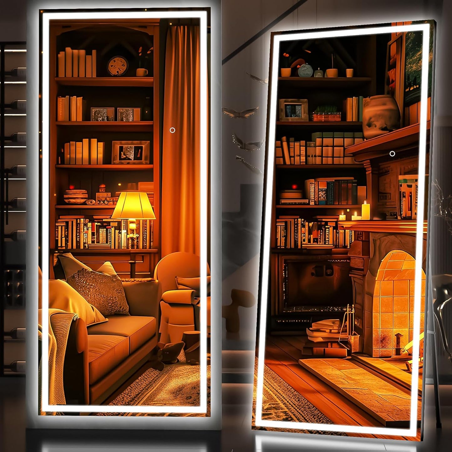 Hasipu Full Length Mirror with Lights, 75" x 28" LED Lighted Floor Standing, Full Body Dressing Hanging Mounted Mirror, Dimmable, Tempered Glass, Safe to Use, Square Black