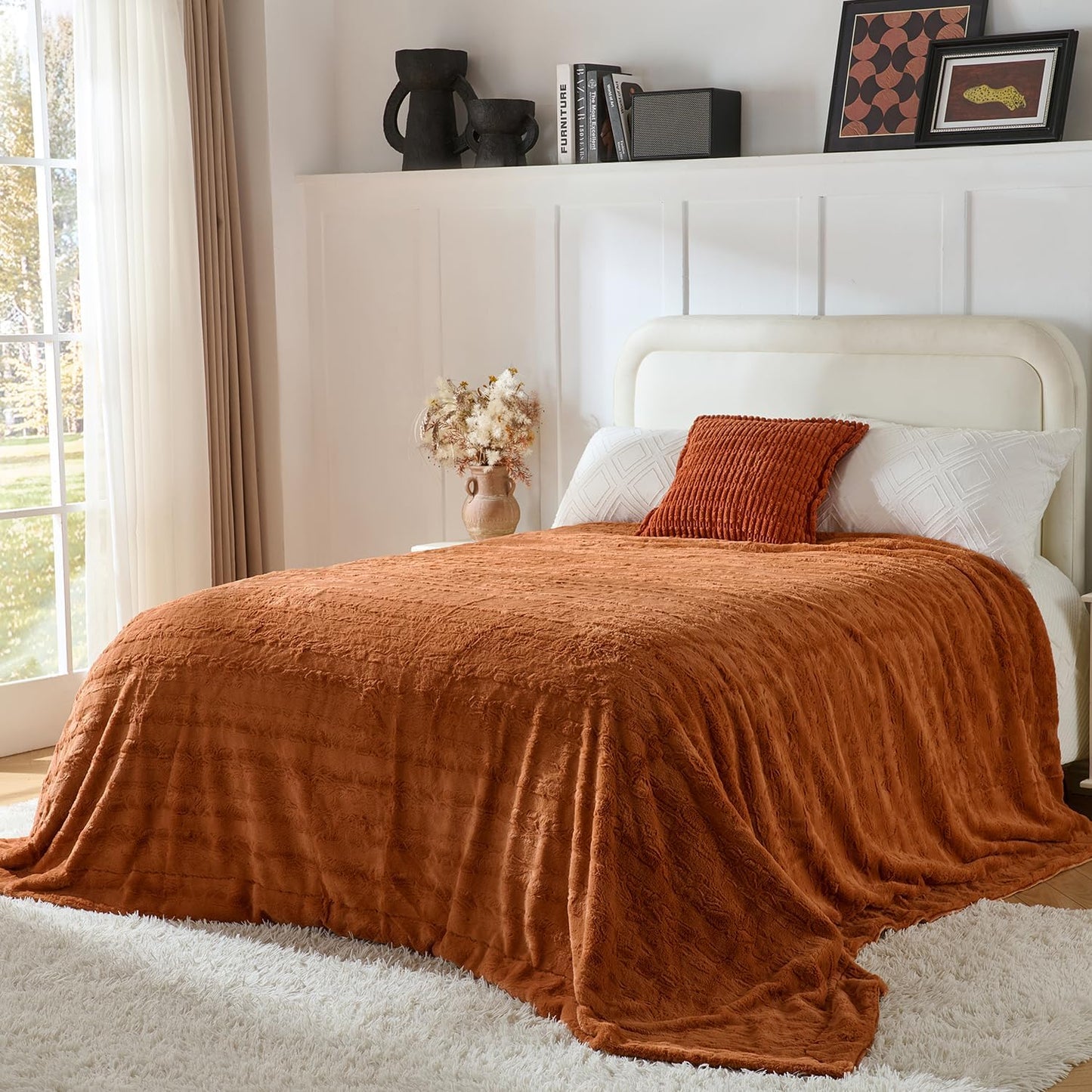 Krifey Burnt Orange Faux Fur Blanket for Queen Size Bed, 3D Marble Texture Soft Cozy Fuzzy Plush Thick Fall Blanket, Birthday for Women Mom Girlfriend, Camel, 90x90in