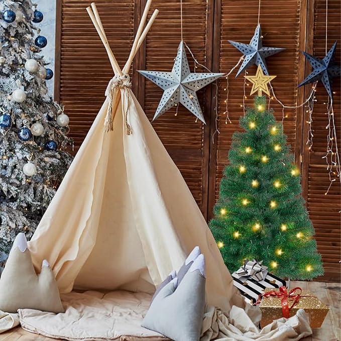 3FT Artificial Christmas Tree with Lights Green Mini Tabletop Christmas Tree with Plastic Stand and Tree Topper Lighted Battery Operated Mini Xmas Pine Tree for Indoor Outdoor Holiday Home Decoration