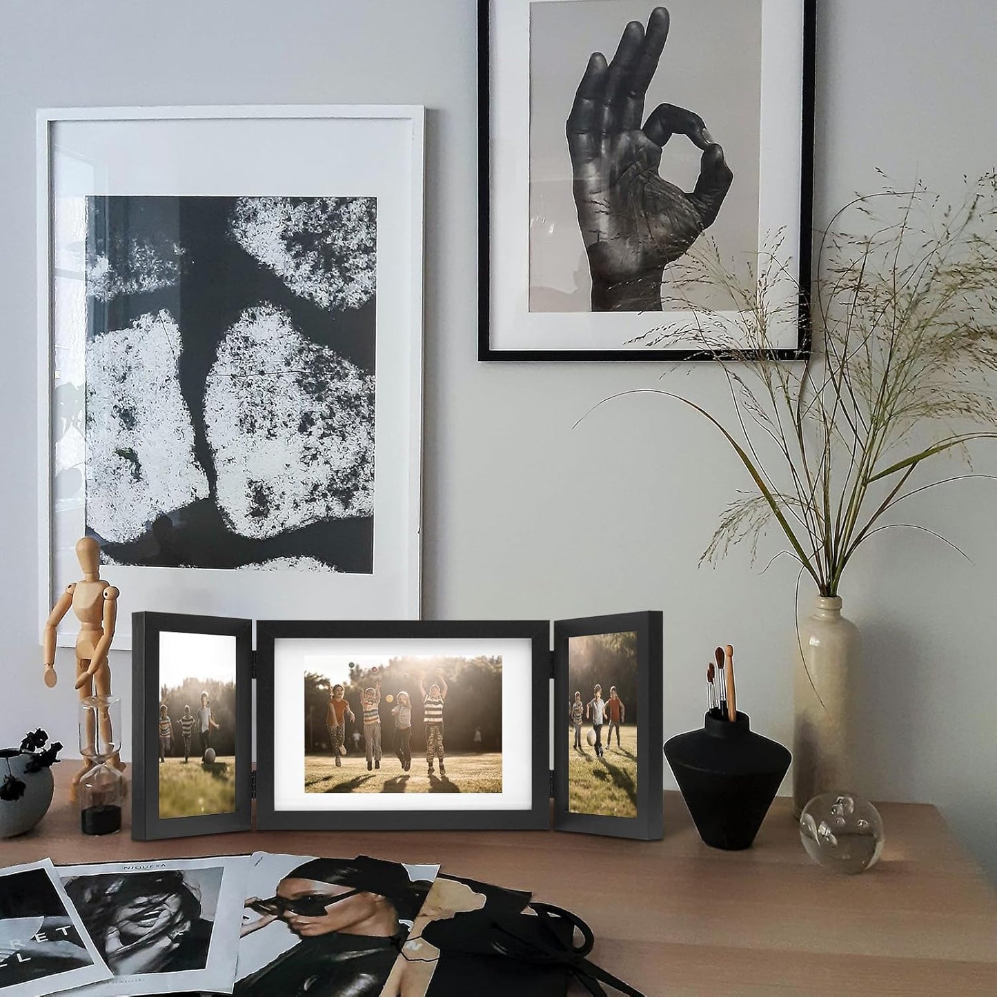 Hinged 3 Picture Frame 4x6 & 5x7 Folding Collage Photo Frames Multiple Wooden Desk Picture Frames with Mat for Office Tabletop or Wall Decor, Black