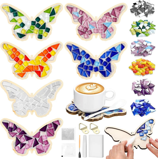 Honeydak 6 Sets DIY Glass Mosaic Tiles for Crafts with Butterfly Wooden Coasters for Adults Mixed Color Mosaic Crafts Materials Package for Coaster Stained Glass Kit for Handmade Home Decor Gifts