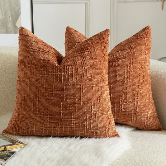 MANDIOO Pack of 2 Soft Chenille Textured Throw Pillow Covers Square Accent Solid Decorative Cushion Cover Cozy Farmhouse Pillow Case for Couch Sofa Bed Living Room 20x20 Inch Burnt Brick