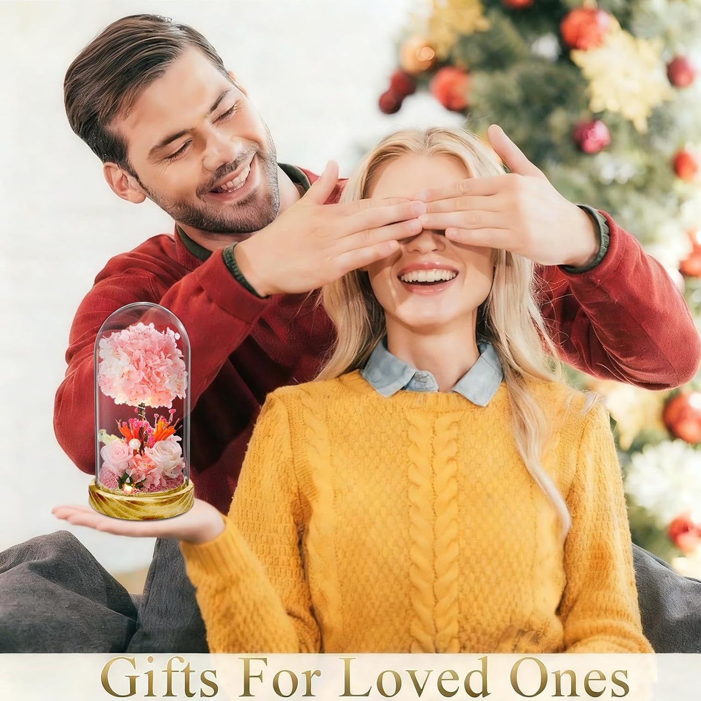 LED Illuminated Glass Dome Floral Arrangement, Decorative Light with White Hydrangea and Rose, Battery Operated